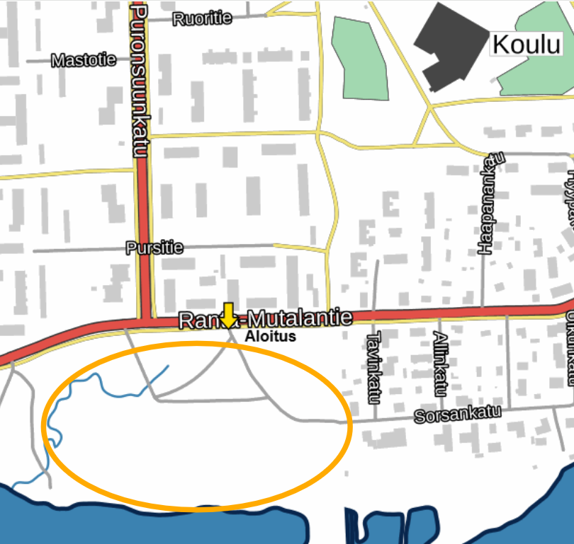 Rantakylän talkoiden aloituspaikka ja talkoilualue Puronsuussa.
