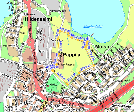Lohjan karttapalvelusta tulostettu opaskartan näkymä, johon on merkitty Pappila–Moisio-kävelyreitti. 