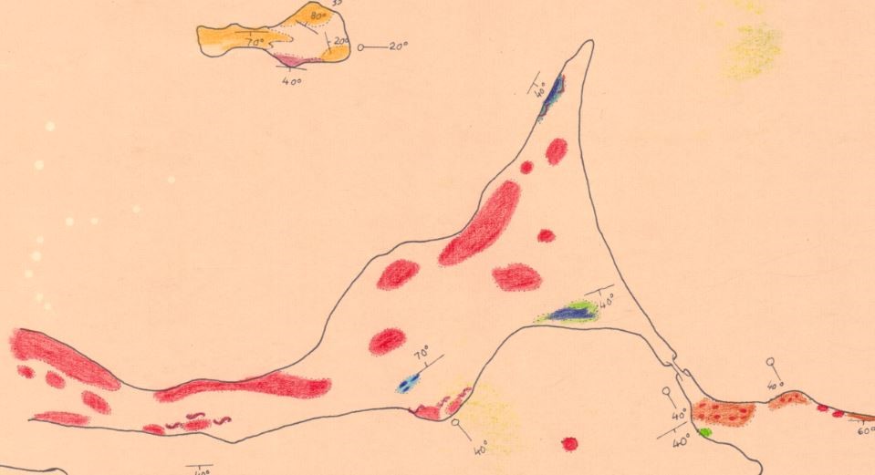 Parraksen piirtämä Liessaaren kallioperäkartta vuodelta 1946