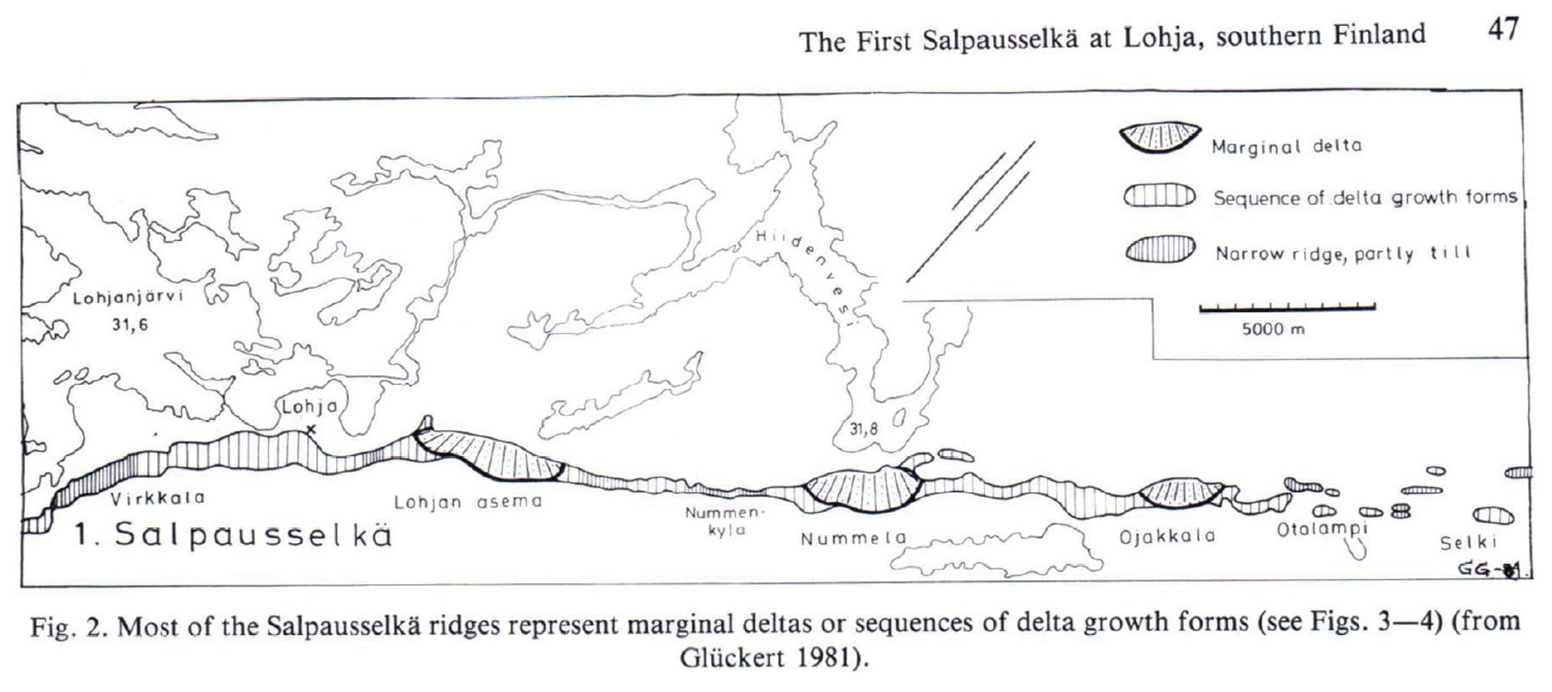 Piirretty kartta Ensimmäisestä Salpausselästä Lohjalla