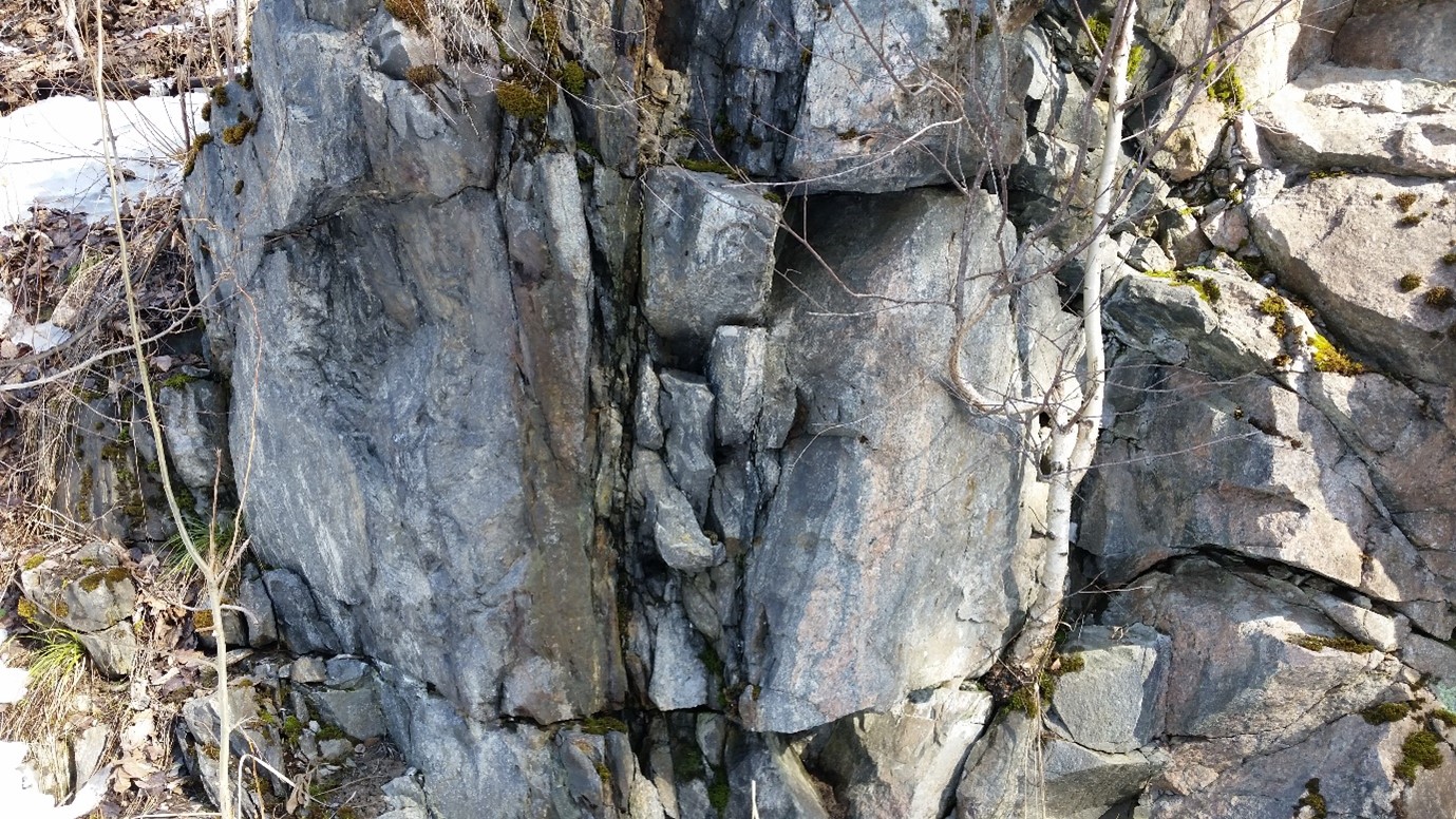 Pystysuuntainen ruhje kalliopaljastumassa