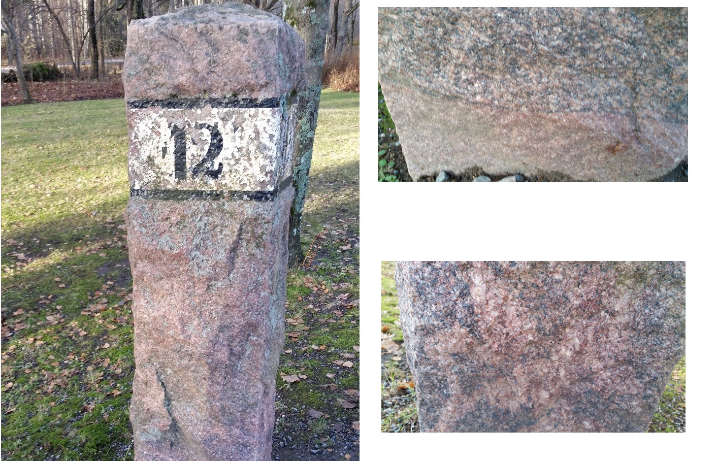 Kolmen kuvan sarjan vasemmanpuoleisessa kuvassa näkyy kivitolppa, johon on maalattu mustalla värillä valkoiselle pohjalla numero 12. Oikean puoleiset kaksi päällekkäistä kuvaa ovat lähikuvia tolpasta. 