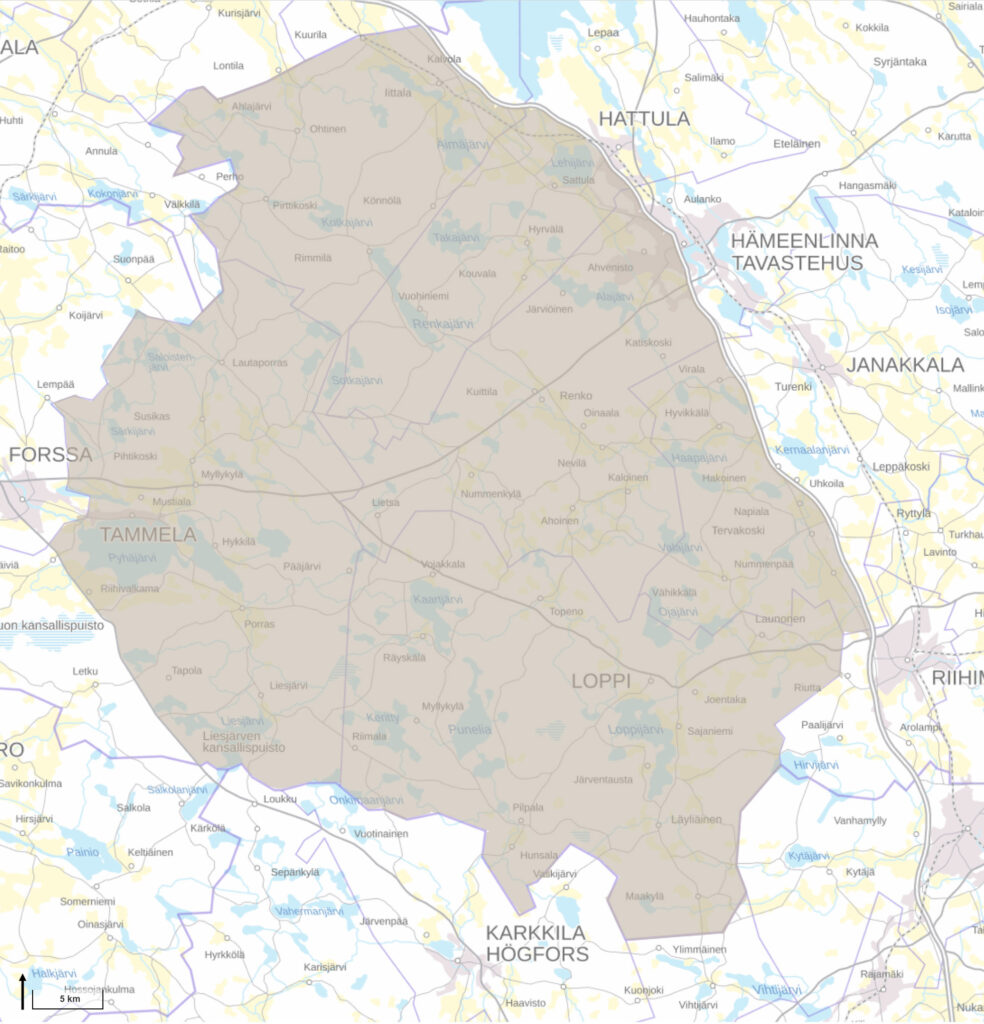 Taustakartan päälle rajattu hankealue: Hattulan, Hämeenlinnan, Janakkalan, Lopen ja Tammelan kunnat 2- ja 3-teiden välisellä alueella.