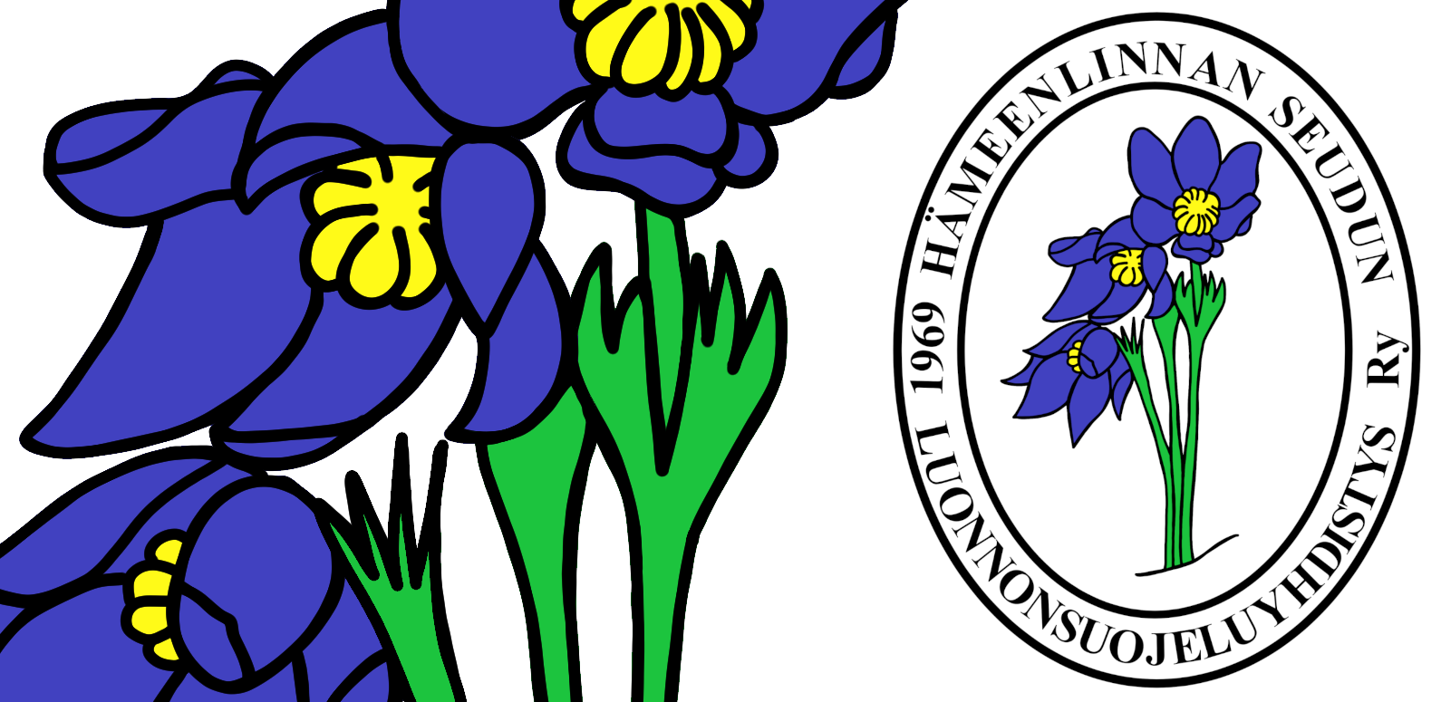 Kuvassa Hämeenlinnan Seudun Luonnonsuojeluyhdistys ry:n logo, jossa kolme kylmänkukkaa, jotka ovat soikean ympyrän keskellä jossa yhdistyksen nimi ja perustusvuosi 1969.