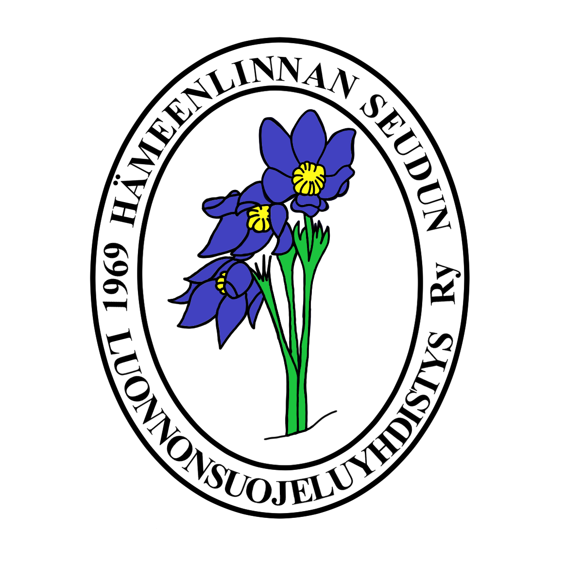 Hämeenlinnan seudun luonnonsojeluyhdistys ry:n logo, jossa kolme piirrettyä kylmänkukkaa joiden ympärillä soikion muodossa yhdistyksen nimi ja perustusvuosi 1969.