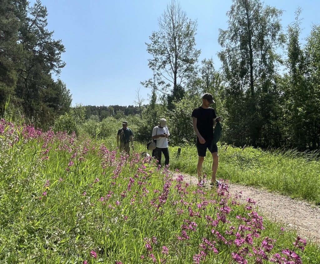 retkeilijöitä ja kukkia