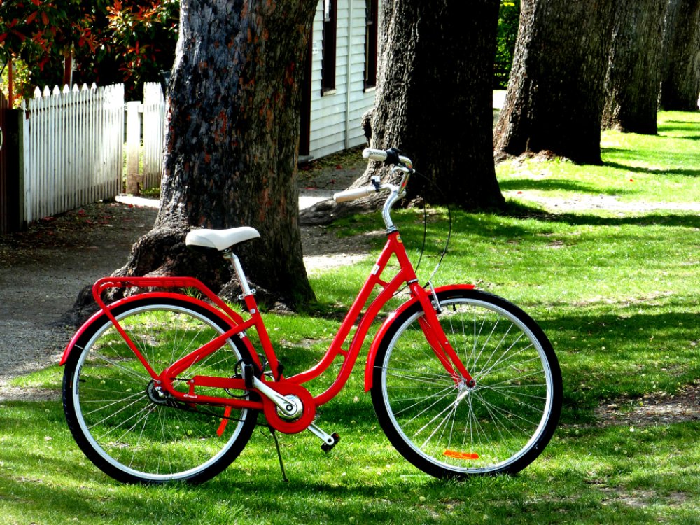 En röd cykel på gräsmattan