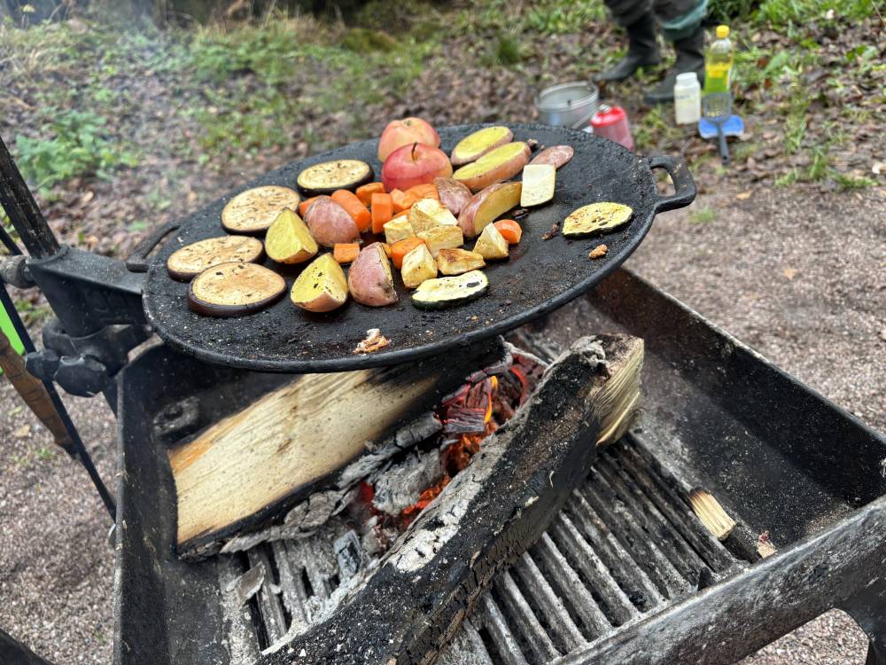 Olika sorters gr&ouml;nsaker p&aring; en stekh&auml;ll &ouml;ver &ouml;ppen eld.