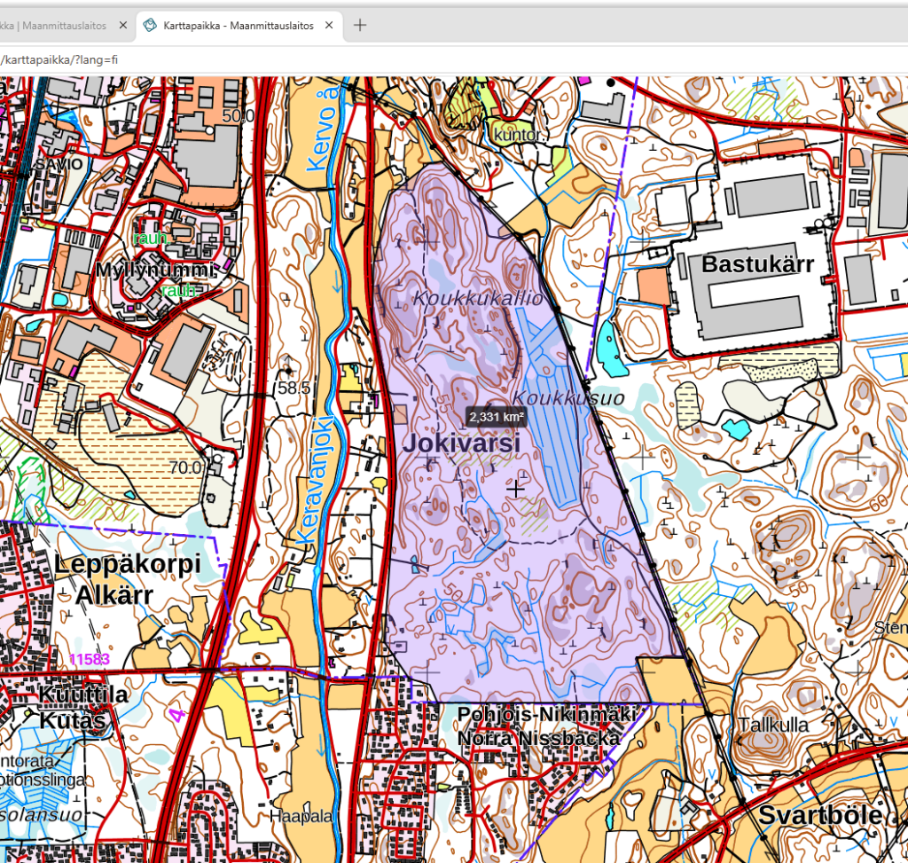 Maastokartta, jossa Jokivarren alue on rajattu.
