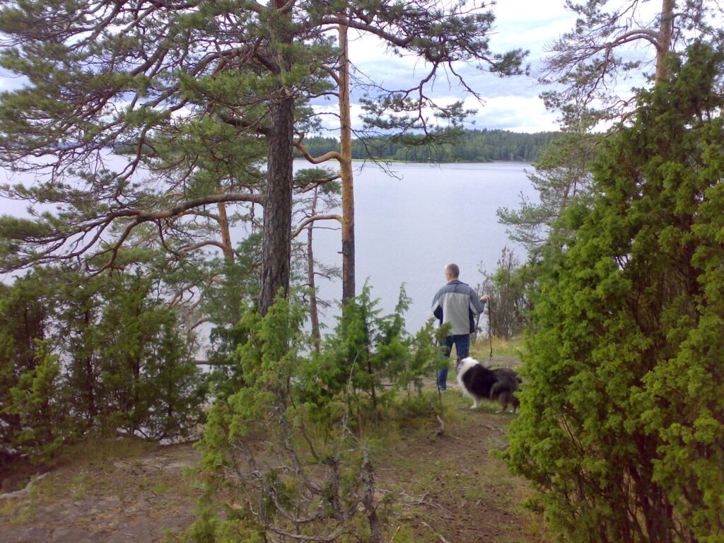 Mies ja koira katsovat järvelle kalliolla.