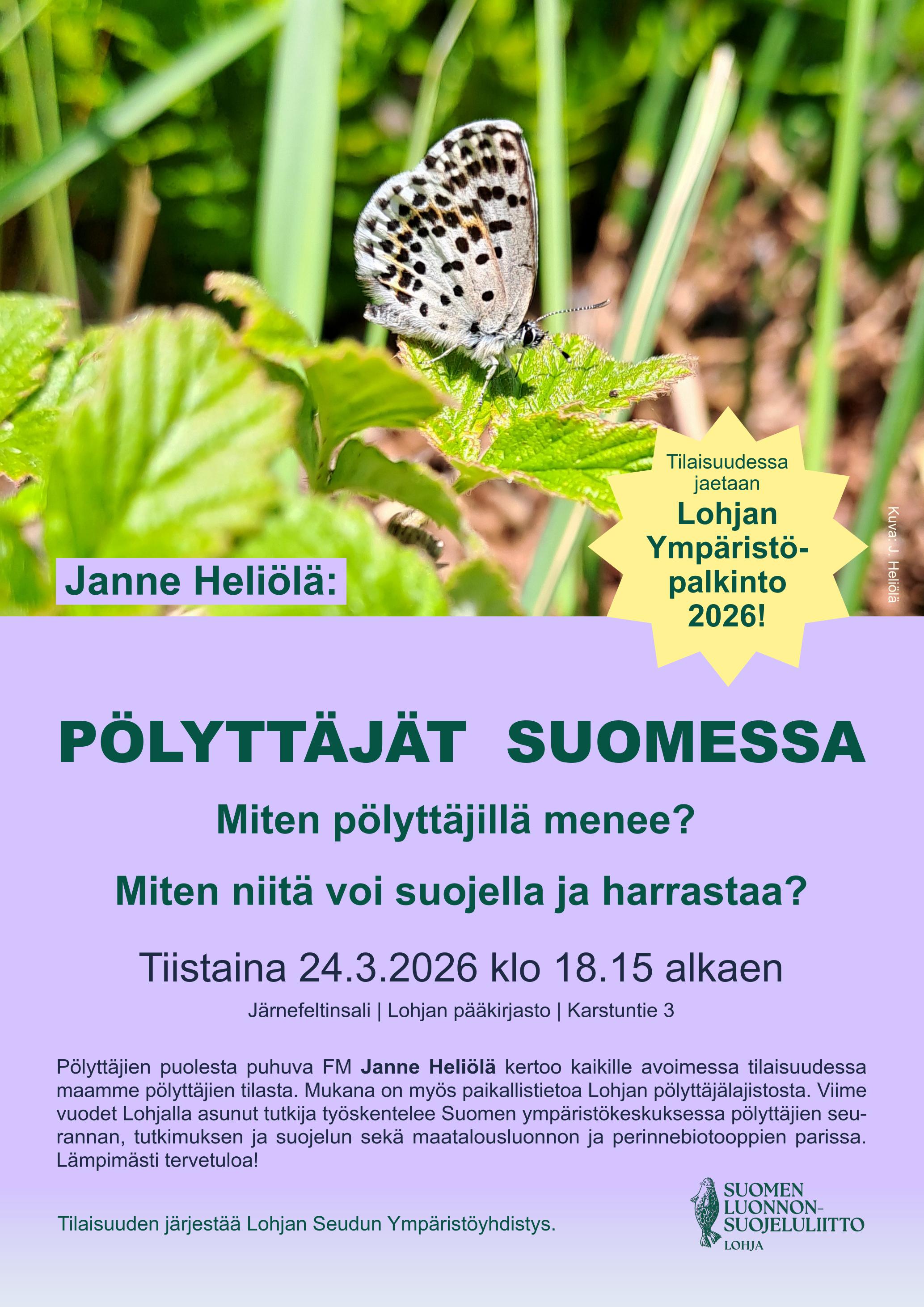 Ympäristöyhdistyksen kevätkokousesitelmän juliste, jossa on kuva kalliosinisiivestä.