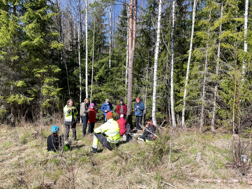 Ihmisiä niittytalkoissa aurinkoisessa säässä