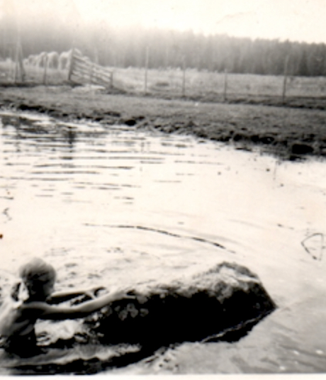 Mustavalkoinen historiallinen valokuva vuodelta 1960. Uimari ui kirkasvetisessä joessa, taustalla peltoalue, aita ja vastaranta. Vesi on puhdasta ja uimakelpoista.