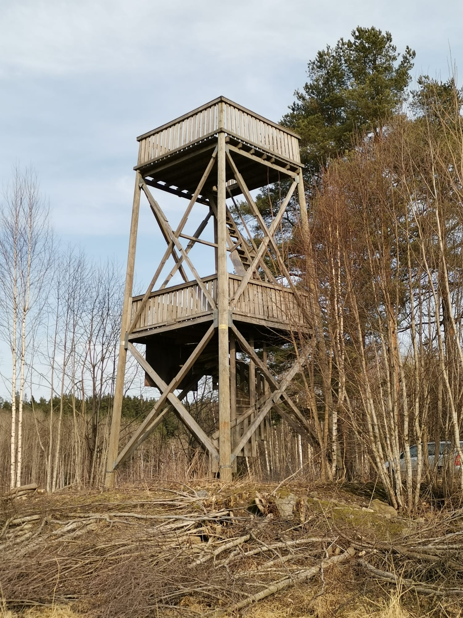 Harmaalautainen lintutorni pellon reunalla, puita taustalla.