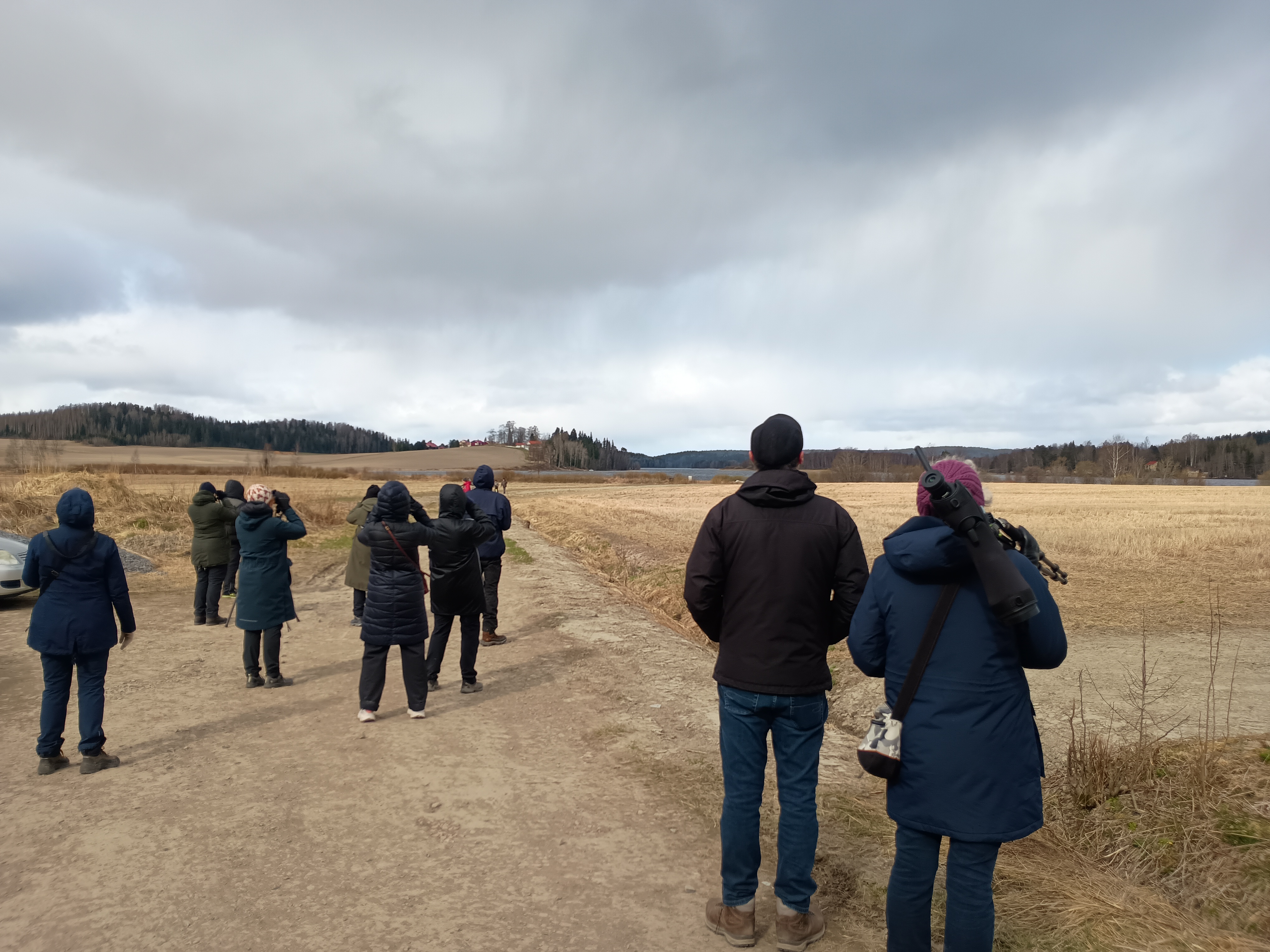 Isompi ryhmä ihmisiä seisoo maatiepolulla ja katsoo kiikarein peltoaukealle, taustalla metsää ja järvimaisema.