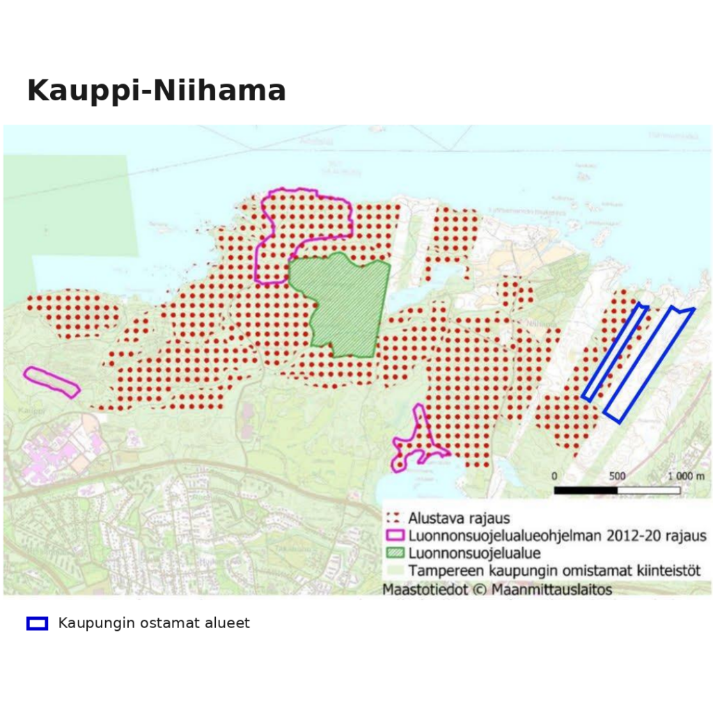 Kartta Kauppi-Niihaman alueesta Tampereella. Kaupungin vuonna 2026 ostamat kaksi metsäaluetta on rajattu sinisellä kartan itäosassa. Punaisella rasterilla on merkitty perustettavan luonnonsuojelualueen alustava rajaus ja vihreällä nykyinen luonnonsuojelualue.