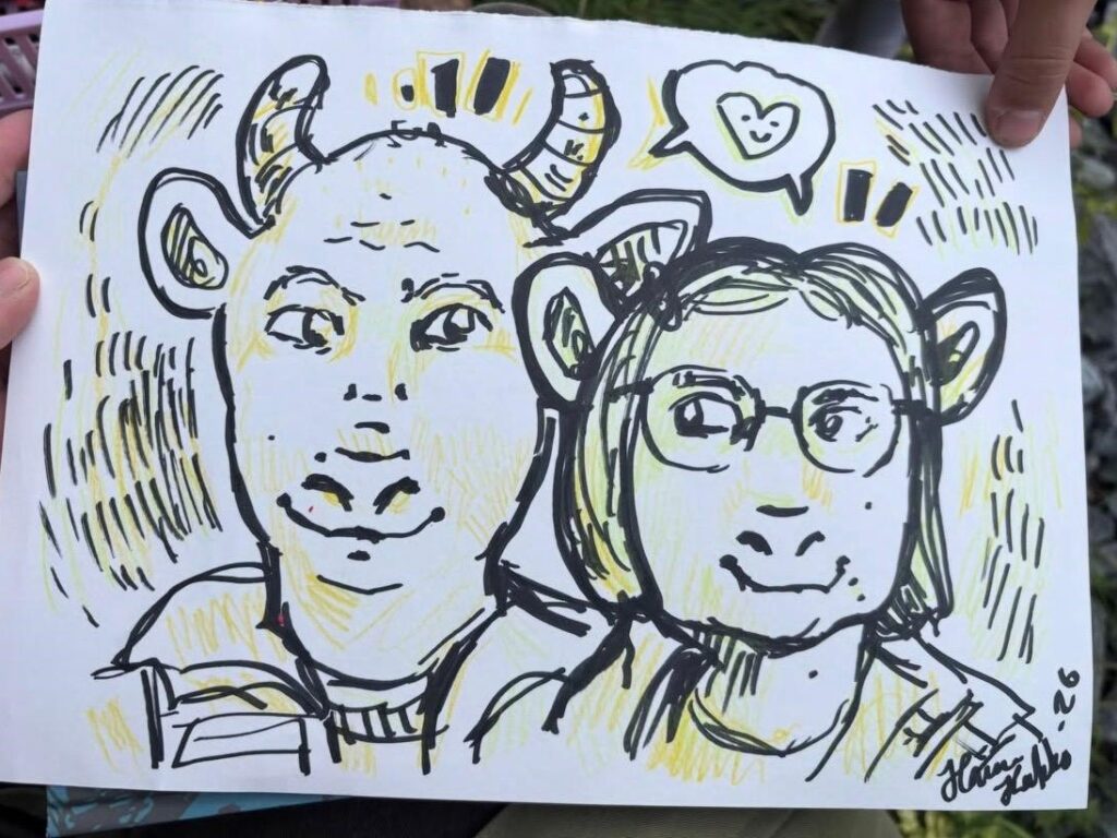 Taiteilija Hanna Kukon piirtämä karikatyyri kahdesta hiehojuhlan osallistujasta.