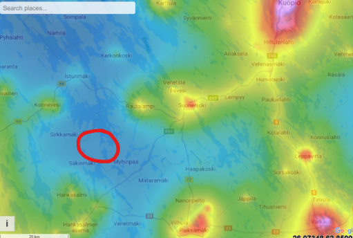 Pienen Mujumäen sijoittuminen valosaastekartalle. Lähde: Lightpollutionmap.com