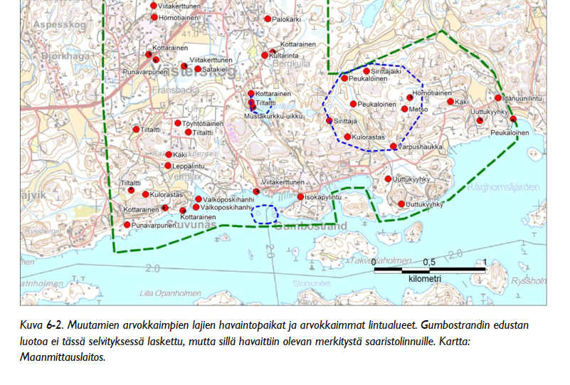 KUVA 3. Arvokas lintualue (suurempi sininen katkoviiva), jota itäinen rakentamisen reservialue uhkaa.