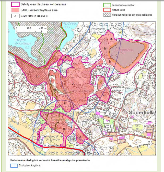 Maakunnallisesti arvokkaiden luontokohteiden rajauksia Söderkullassa (LAKU).