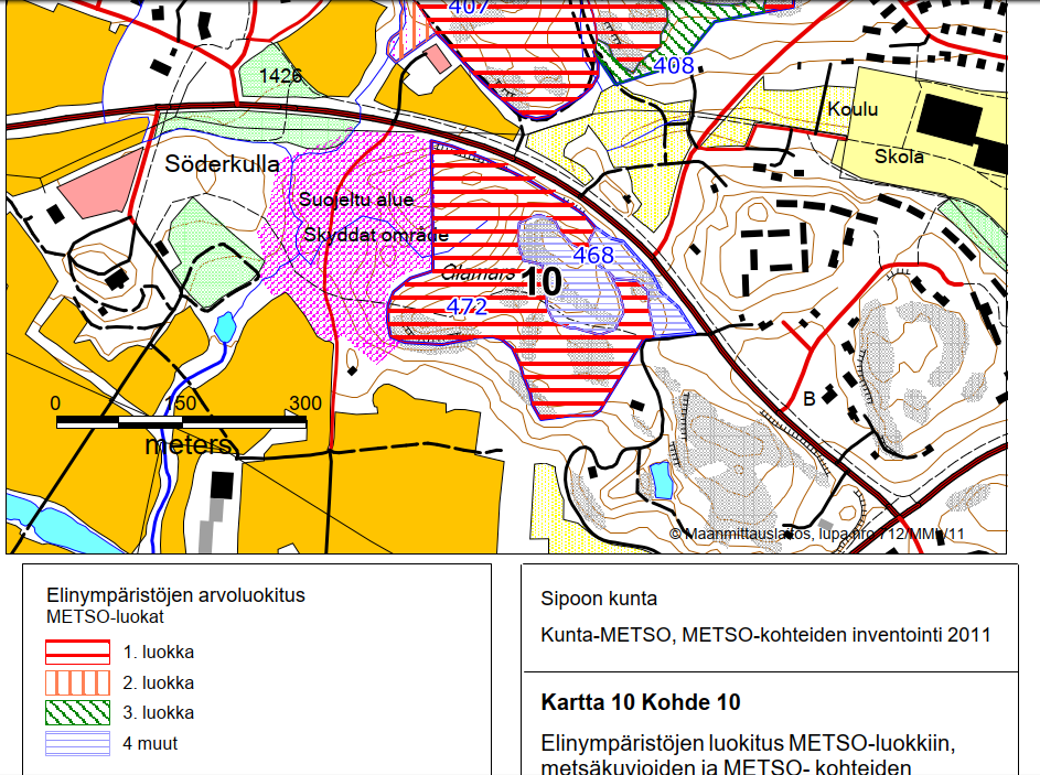 Glamarsin lehdon suojelualueeseen suoraan liittyvän arvokkaan metsäalueen rajaus Sipoon kunnan METSO-selvityksessä v. 2011.
