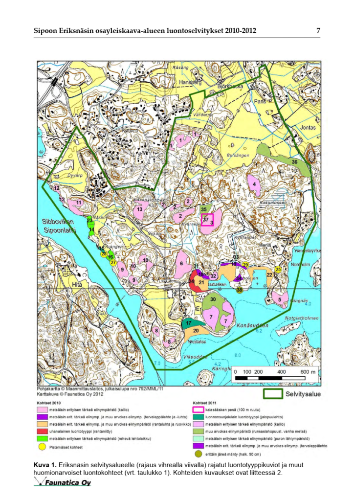 Eriksnäsin alueen luontoselvityksissä 2010-2012 tunnistetut arvokkaat luontokohteet.