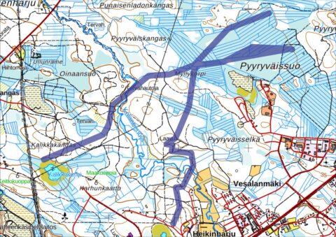 Kuva pyyryväisen alueen ehdotetuista viherkäytävistä
