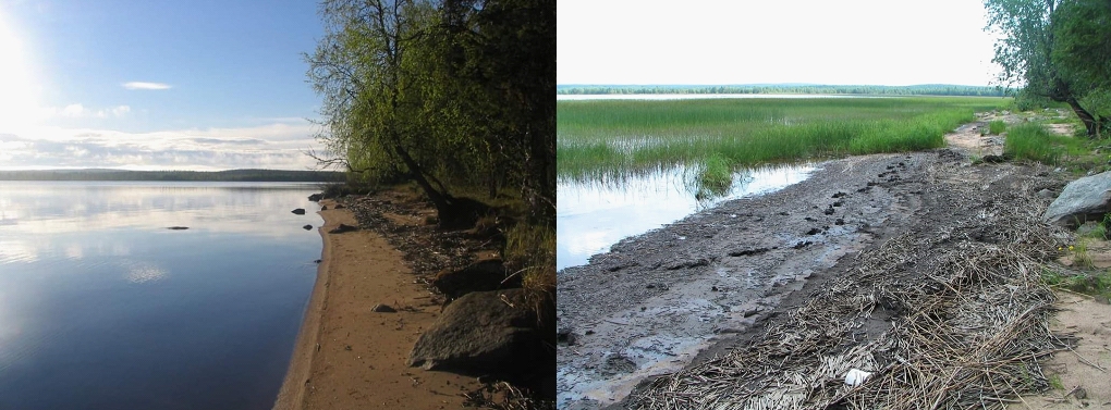 Rinnakkaisissa kuvissa sama Lohijärven Isolahti kuvattuna vuosina 1995 ja 2018
